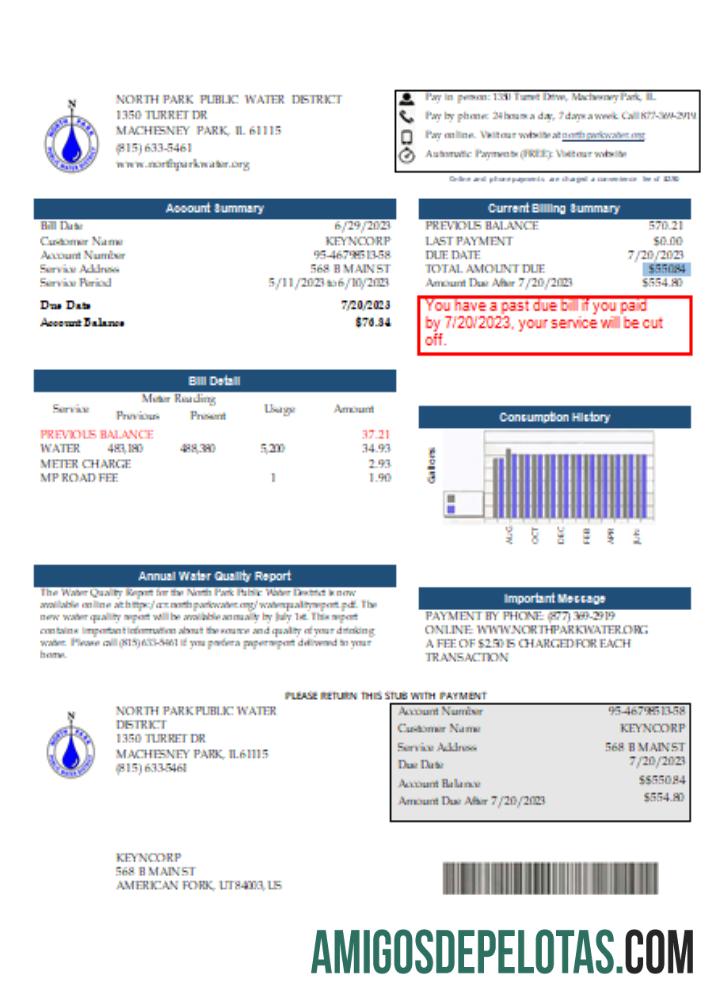 Projeto de lei de serviços públicos do Distrito de Água Pública de Illinois North Park IL, SCR modelo